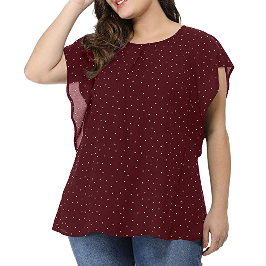 Plus Size Blouse Women O Neck Short Sleeve Polka Dot