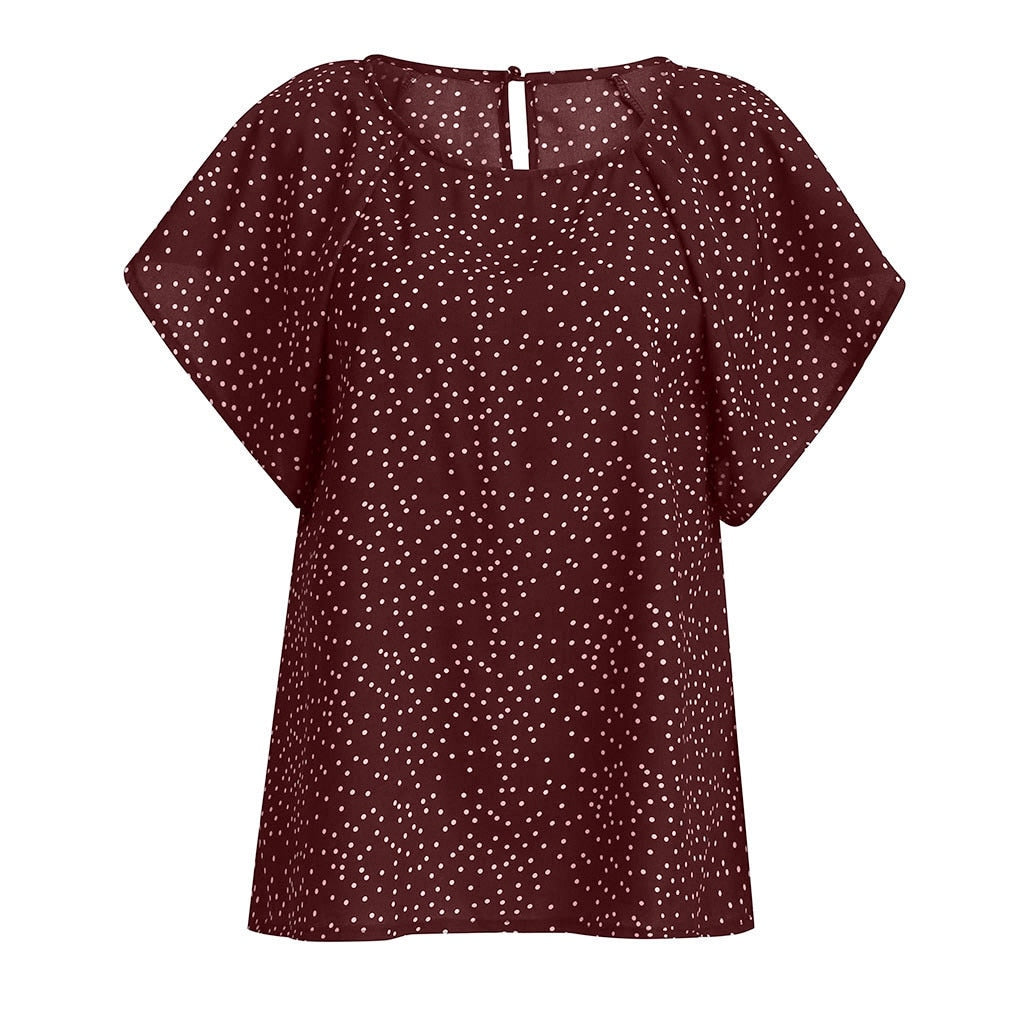 Plus Size Blouse Women O Neck Short Sleeve Polka Dot