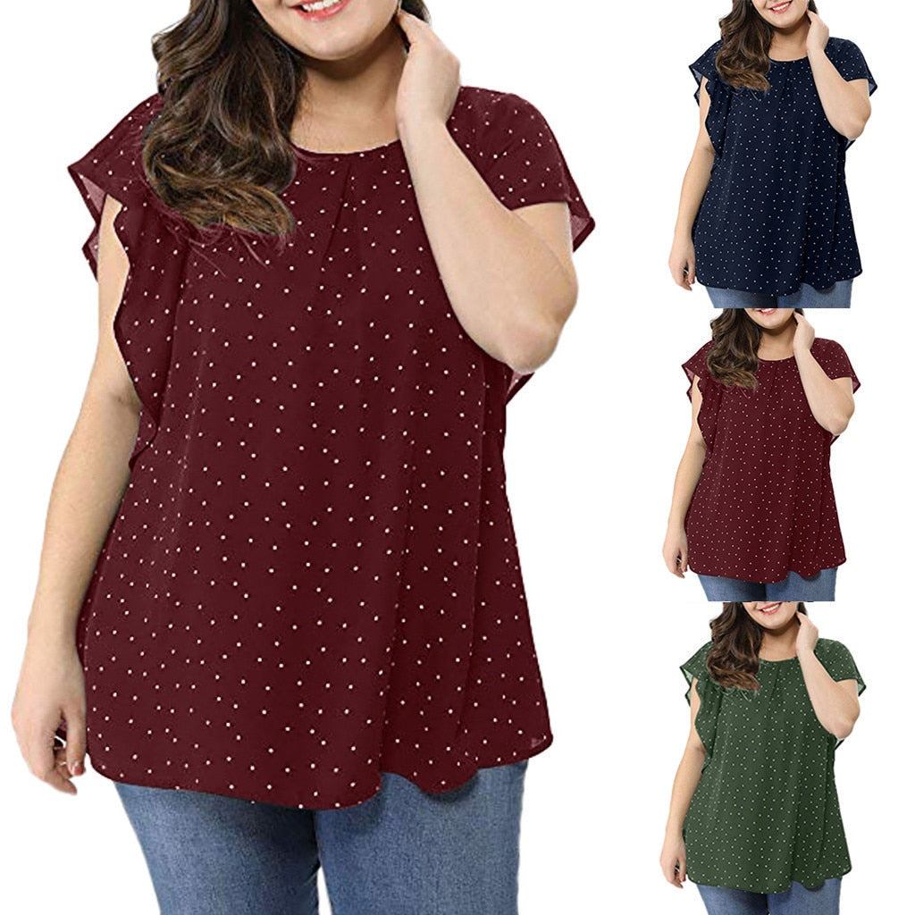 Plus Size Blouse Women O Neck Short Sleeve Polka Dot