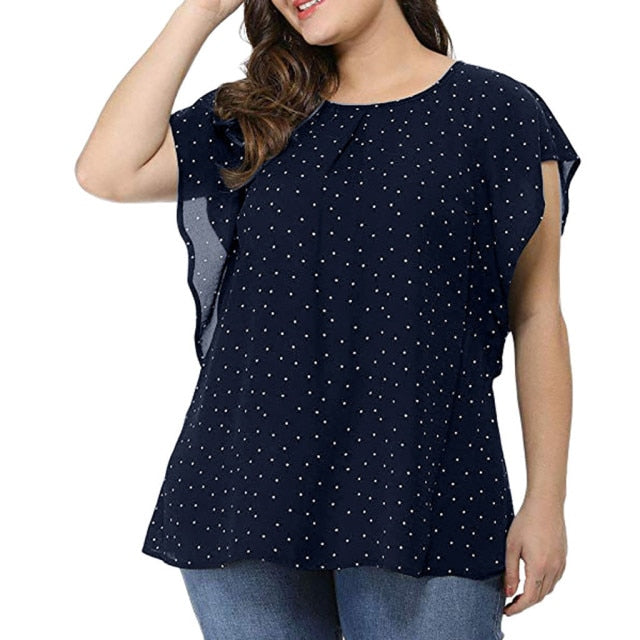 Plus Size Blouse Women O Neck Short Sleeve Polka Dot