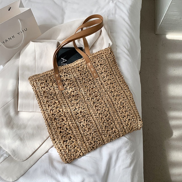 Square Hollow Straw Beach Bag Handmade Woven Shoulder Bag