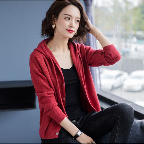 Casual Hooded Thin Knitted Sweater Female Loose Cardigans Coat