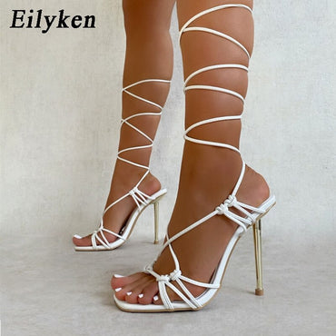 Women Gladiator Sandal Ladies Fashion Square Open Toe Ankle Lace Up Stiletto Heels
