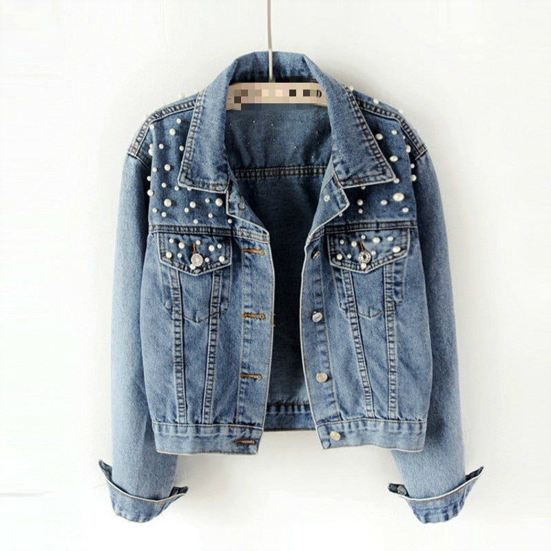 Fashion Women’s Denim Jacket Full Sleeve Loose Button Pearls Short