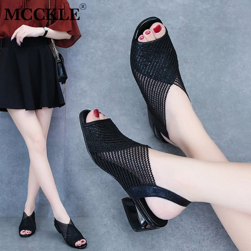 Women‘s Sandals 2021 Thick Heel Peep Toe Summer Shoes Mesh Breathable