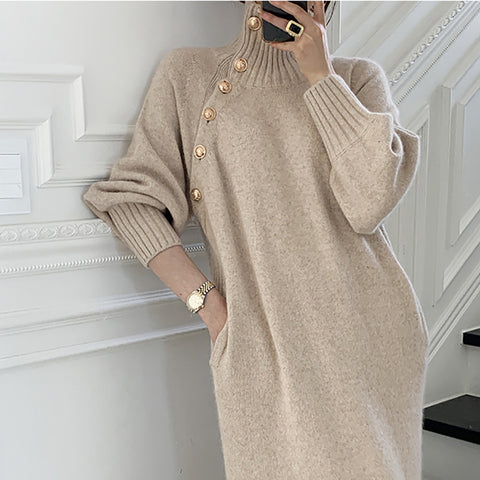 Knitting Dress Vintage Turtleneck Button Up Long Sleeve Casual