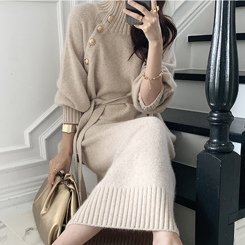 Knitting Dress Vintage Turtleneck Button Up Long Sleeve Casual