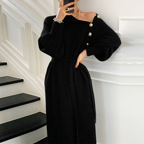 Knitting Dress Vintage Turtleneck Button Up Long Sleeve Casual