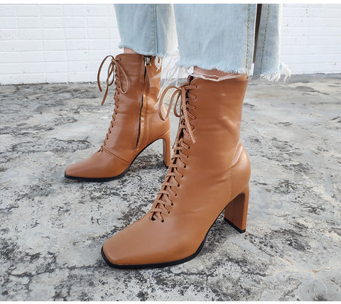 Square Head Ankle Boots Fashion Cross Strap Square High Heels Zipper Office Lady Boots