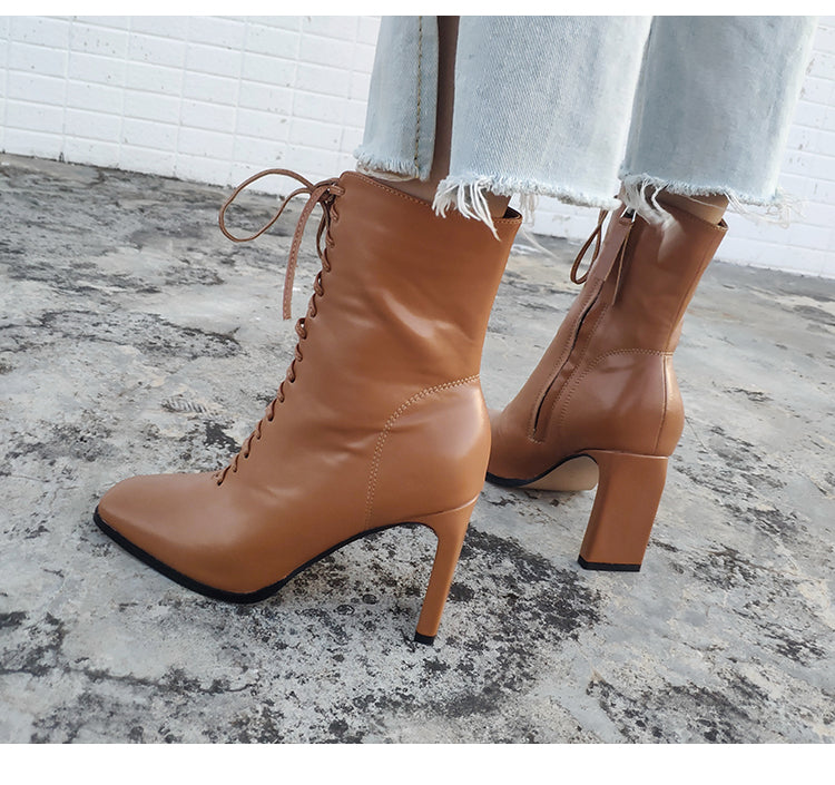 Square Head Ankle Boots Fashion Cross Strap Square High Heels Zipper Office Lady Boots