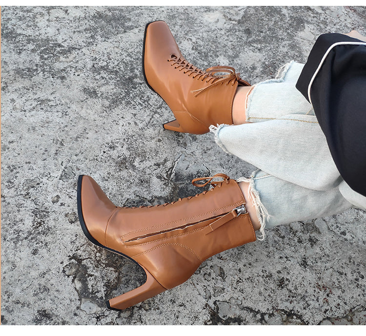 Square Head Ankle Boots Fashion Cross Strap Square High Heels Zipper Office Lady Boots