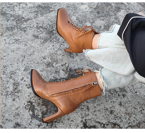 Square Head Ankle Boots Fashion Cross Strap Square High Heels Zipper Office Lady Boots