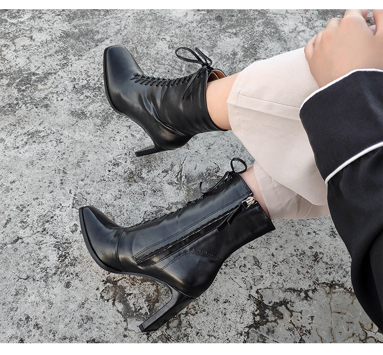 Square Head Ankle Boots Fashion Cross Strap Square High Heels Zipper Office Lady Boots