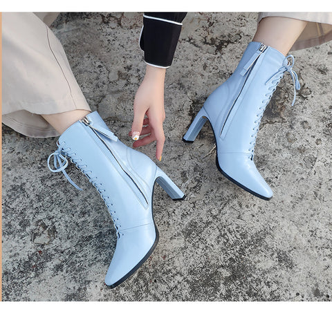 Square Head Ankle Boots Fashion Cross Strap Square High Heels Zipper Office Lady Boots