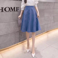 Suede High Waist Midi Skirt Vintage Style Elastic Ladies A-Line Skirt