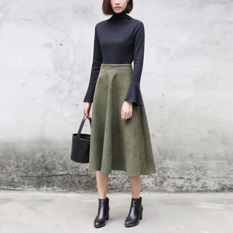 Suede High Waist Midi Skirt Vintage Style Elastic Ladies A-Line Skirt