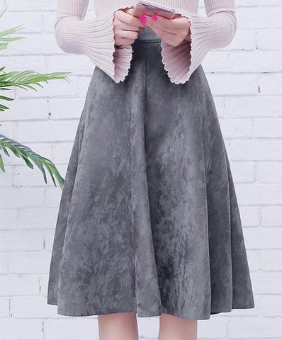 Suede High Waist Midi Skirt Vintage Style Elastic Ladies A-Line Skirt