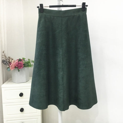 Suede High Waist Midi Skirt Vintage Style Elastic Ladies A-Line Skirt