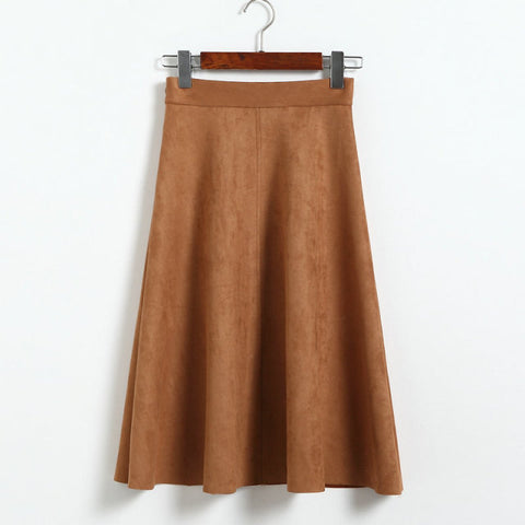 Suede High Waist Midi Skirt Vintage Style Elastic Ladies A-Line Skirt