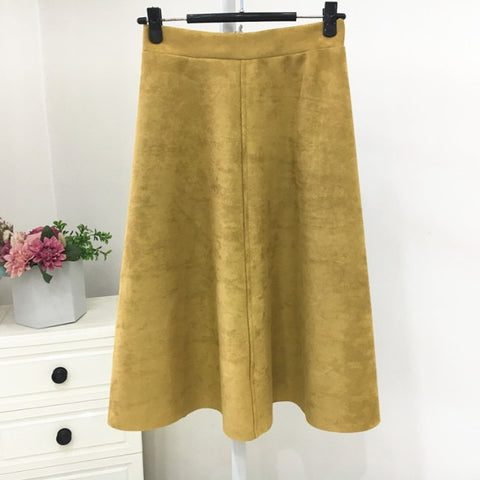 Suede High Waist Midi Skirt Vintage Style Elastic Ladies A-Line Skirt