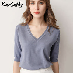 Half Sleeve Knitted Blouse  Ladies V-neck Blouses Blouse Knitted