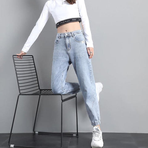 Streetwear Ankle Banded Jeans Korean Fashion Baggy Denim Ankle-Length Pants