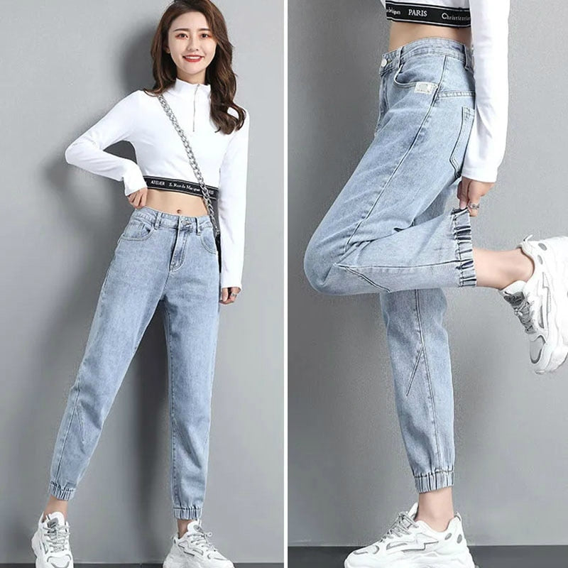 Streetwear Ankle Banded Jeans Korean Fashion Baggy Denim Ankle-Length Pants