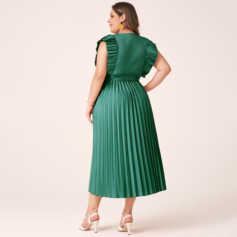 Midi Dress Women Plus Size Green Yellow Wine Red Pleated Sashes