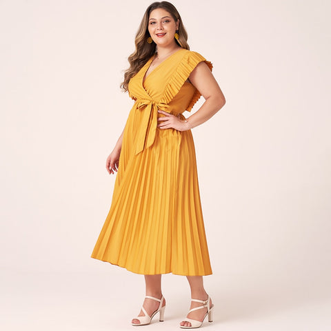 Midi Dress Women Plus Size Green Yellow Wine Red Pleated Sashes