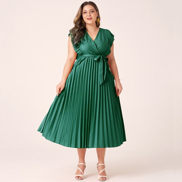 Midi Dress Women Plus Size Green Yellow Wine Red Pleated Sashes