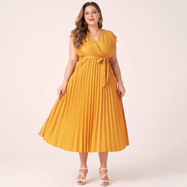 Midi Dress Women Plus Size Green Yellow Wine Red Pleated Sashes