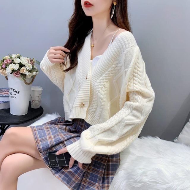 Lantern Sleeve Cardigan Knitted  Long Sleeve Solid Sweaters