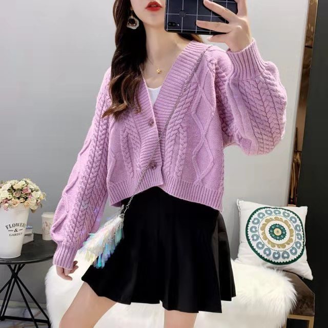 Lantern Sleeve Cardigan Knitted  Long Sleeve Solid Sweaters