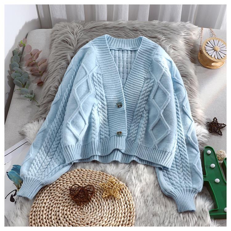 Lantern Sleeve Cardigan Knitted  Long Sleeve Solid Sweaters