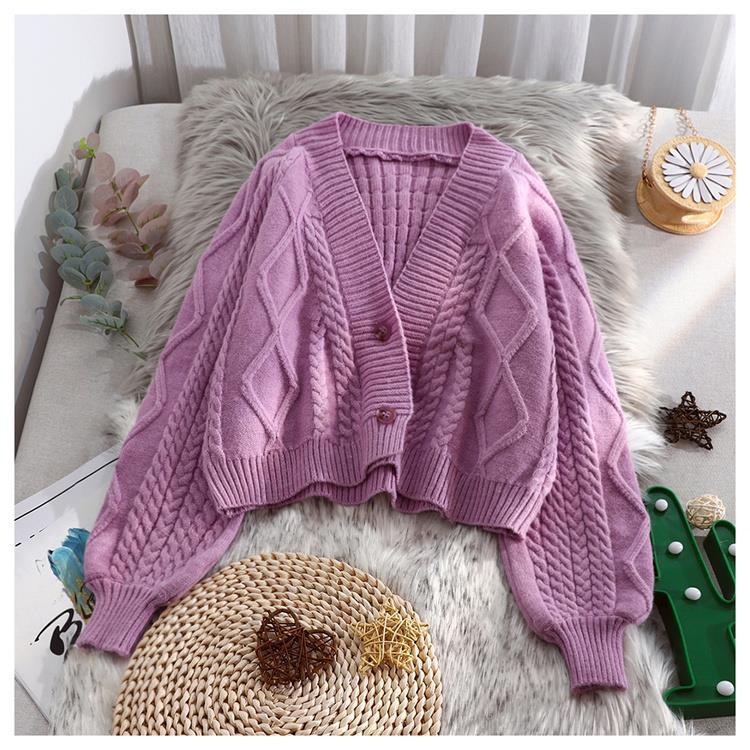 Lantern Sleeve Cardigan Knitted  Long Sleeve Solid Sweaters