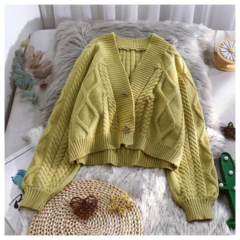 Lantern Sleeve Cardigan Knitted  Long Sleeve Solid Sweaters