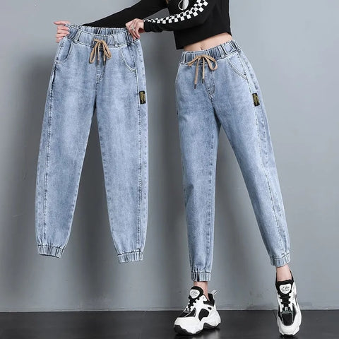 Elastic Waist Harem Jeans Pants Women Large Size Jeans Vintage