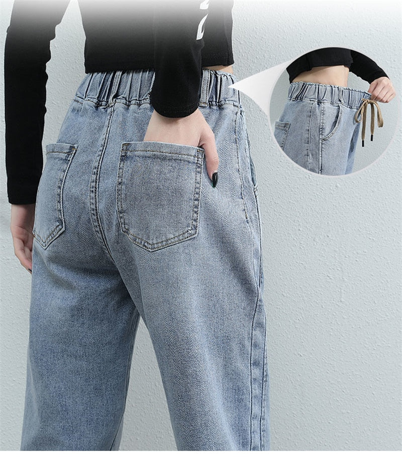 Elastic Waist Harem Jeans Pants Women Large Size Jeans Vintage