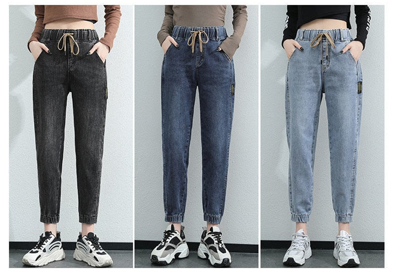 Elastic Waist Harem Jeans Pants Women Large Size Jeans Vintage