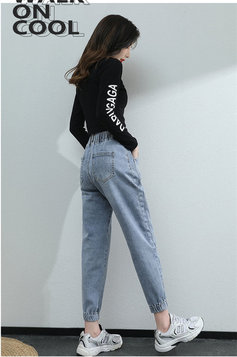 Elastic Waist Harem Jeans Pants Women Large Size Jeans Vintage