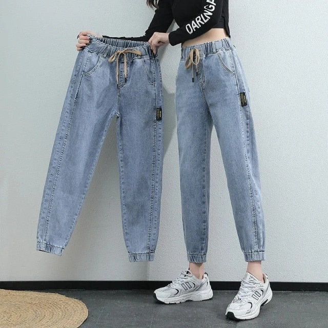 Elastic Waist Harem Jeans Pants Women Large Size Jeans Vintage