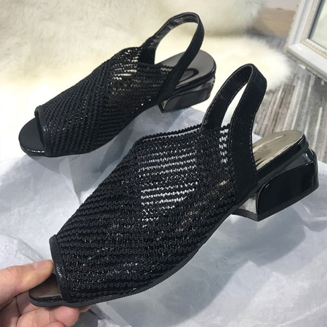 Women‘s Sandals 2021 Thick Heel Peep Toe Summer Shoes Mesh Breathable