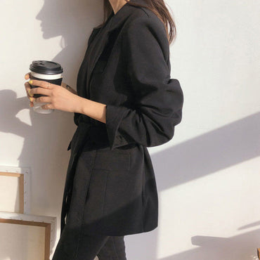 Long Vintage Office Lady Blazer with Belt Women Loose Casual Blazers