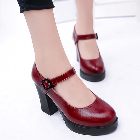 Square High Heels Platform Pumps Sumer Shallow Mouth Buckle Strap Shoes