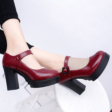 Square High Heels Platform Pumps Sumer Shallow Mouth Buckle Strap Shoes