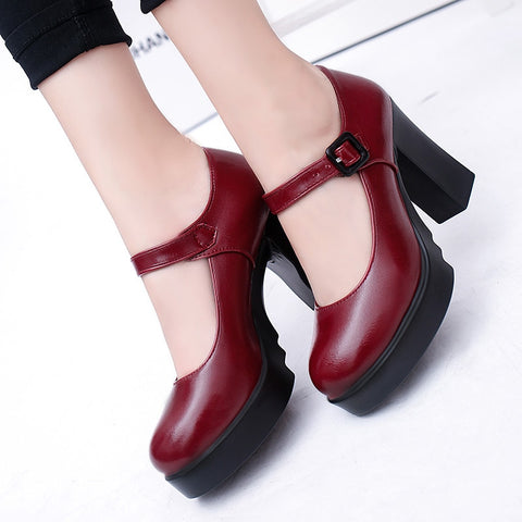 Square High Heels Platform Pumps Sumer Shallow Mouth Buckle Strap Shoes