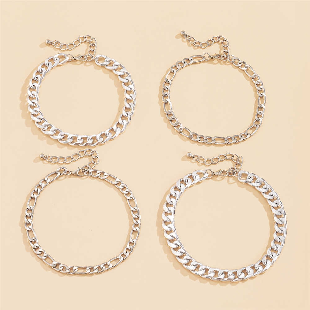 4Pcs/Set Kpop Miami Curb Aluminium Chain Anklets On Foot = Sandals Jewelry