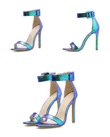 Silver Blue Serpentine Peep Toe High Heel Women Sandals Sexy Buckle Strap Ankle-wrap