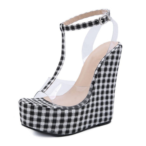 Fashion Gingham Thick Bottoms Wedge Sandals Femme Ankle Buckle Strap Platform