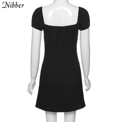 puff sleeve sexy low collar slim black dresses woman elegant simple